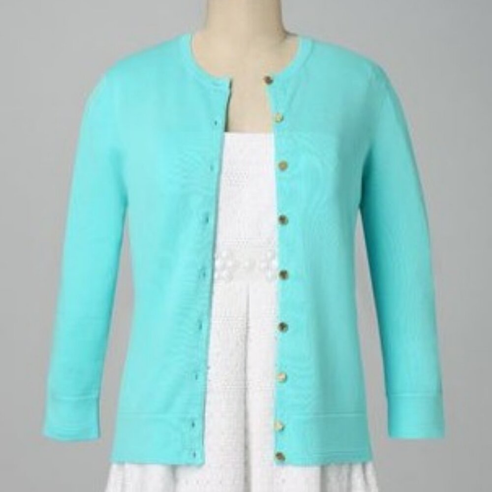 Lilly Pulitzer Women's Paley Beach Turquoise Cardigan Sz Large - Picture 2 of 9